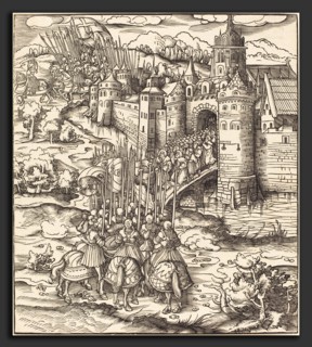 Leonhard Beck (German, c. 1480 - 1542), Various Men Kneeling on a Bridge in front of a Town,