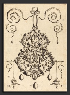 Daniel Mignot (German, active 1593-1596), Strapwork Pendant with Two Birds as Earrings at Left and