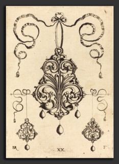 Daniel Mignot (German, active 1593-1596), One Large and Two Smaller Strapwork Pendants, engraving