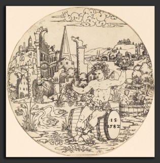 Master IS. (German, active c. 1581-1590), Bacchus Seated in a Landscape, 1582, punch engraving