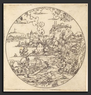 Master IS. (German, active c. 1581-1590), Neptune and Arethusa, punch engraving