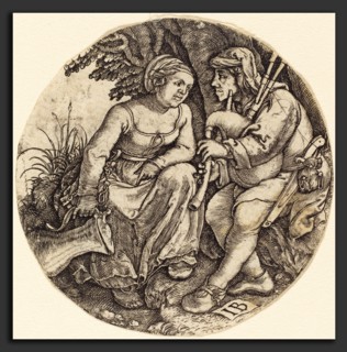 Master IB (German, active c. 1523-1530), Bagpipe Player with His Lover, engraving
