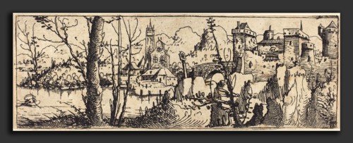 Augustin Hirschvogel (German, 1503 - 1553), Landscape with Castle at Right, Surrounded by Rocks,