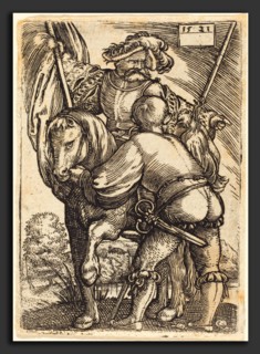 Barthel Beham (German, 1502 - 1540), Riding Standard Bearer and Foot-Soldier, 1521, engraving