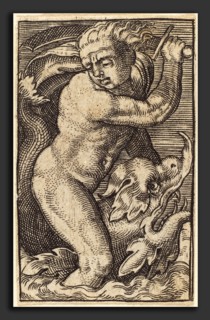 after Barthel Beham, Copy in reverse of "Sea-God to the Left Riding on a Dolphin", engraving