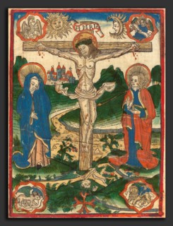 German 15th Century, Christ on the Cross, 1480-1500, woodcut, hand-colored in green, blue,