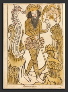 German 15th Century, Saint Onuphrius, c. 1450, woodcut, hand-colored in ochre, pink, gray, and red