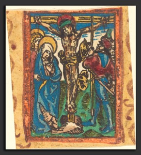 German 15th Century, The Crucifixion, c. 1490-1500, woodcut, hand-colored in red lake, blue,