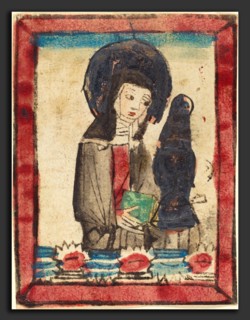German 15th Century, Saint Clare of Assisi, 1450-1470, woodcut, hand-colored in wine red, blue,