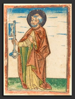 German 15th Century, Saint Peter, 1480-1490, woodcut, hand-colored in orange-red lake, green,