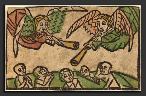 German 15th Century, The Resurrection of the Dead, c. 1460-1470, woodcut, hand-colored in red lake,