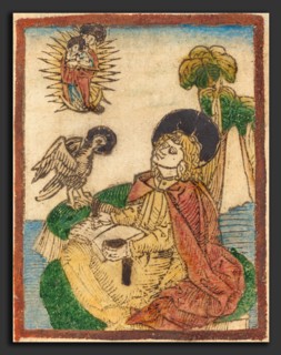 German 15th Century, Saint John on the Island of Patmos, 1480-1490, woodcut in brown, hand-colored
