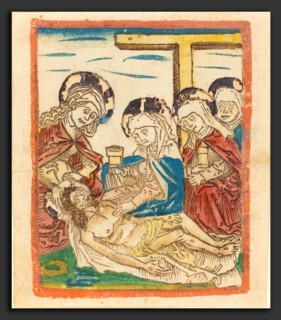 German 15th Century, The Lamentation, c. 1480-1490, woodcut in dark brown, hand-colored in