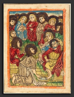 German 15th Century, Christ Washing the Apostles' Feet, c. 1480, woodcut in brown, hand-colored in