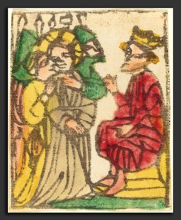 German 15th Century, Christ before Herod, probably 1425-1450, woodcut, hand-colored in red lake,