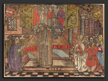German 15th Century, Miracle at Seefeld, 1484, woodcut, hand-colored in red, blue, yellow, purple,