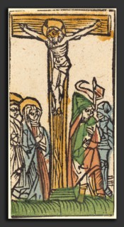 German 15th Century, The Crucifixion, c. 1500, woodcut, hand-colored in blue, green, yellow, and