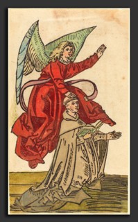 German 15th Century, A Monk with an Angel, 1480-1490, woodcut, hand-colored in red, olive-gray,