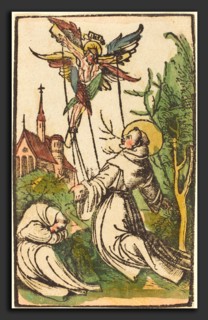 German 15th Century, Saint Francis Receiving the Stigmata, 1500-1510, woodcut, hand-colored in