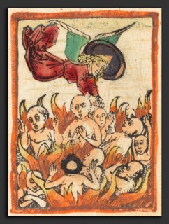 German 15th Century, Purgatory, c. 1480, woodcut, hand-colored in orange, red lake, green, yellow,