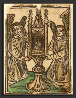 German 15th Century, A Monstrance Held by Two Angels, 1495-1500, woodcut, hand-colored in green,