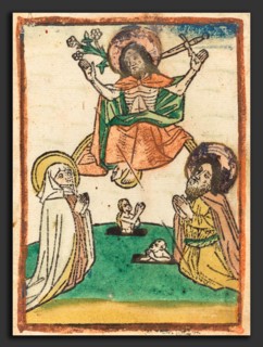 German 15th Century, Last Judgment, 1460, woodcut, hand-colored in blue-green, orange, yellow,