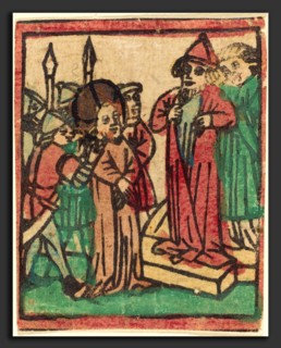 German 15th Century, Caiaphas Tearing his Clothes, probably 1449, woodcut, hand-colored in red