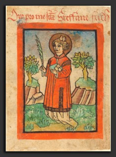 German 15th Century, Saint Stephen, 1450-1470, woodcut, hand-colored in orange, green, blue and