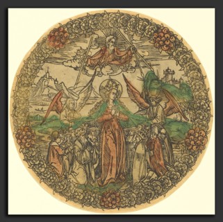 German 15th Century, Madonna in a Wreath of Roses, 1490-1500, woodcut, hand-colored in red lake,