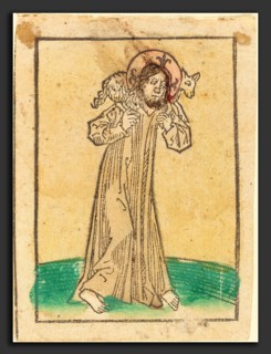 German 15th Century, Good Shepherd, c. 1480, woodcut in warm black, hand-colored in yellow,