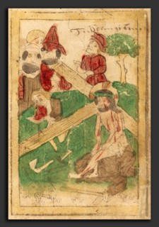 German 15th Century, The Preparation for the Crucifixion, c. 1470, woodcut in brown, hand-colored