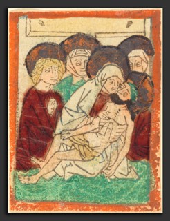 German 15th Century, The Lamentation, 1470-1480, woodcut, hand-colored in green, red, pink, yellow,