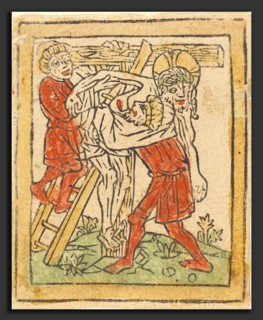 German 15th Century, The Deposition, c. 1475, woodcut, hand-colored in orange-red, yellow, and