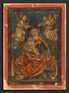 German 15th Century, Madonna and Child Seated on a Grassy Bank with Angels, 1480-1490, woodcut in