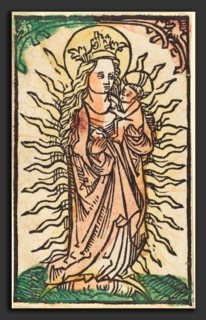 German 15th Century, Madonna and Child in a Glory Standing on a Crescent Moon, 1470-1480, woodcut,