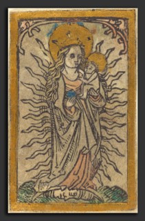 German 15th Century, Madonna and Child in a Glory Standing on a Crescent Moon, 1470-1480, woodcut,
