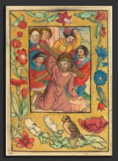 German 15th Century, Christ Bearing the Cross, c. 1500, woodcut, hand-colored in mauve, red, blue,