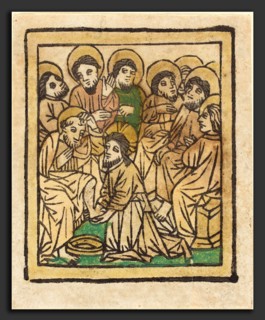 German 15th Century, Christ Washing the Apostles' Feet, c. 1490, woodcut, hand-colored in tan,