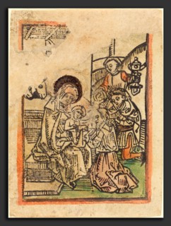 German 15th Century, The Adoration of the Magi, c. 1485, woodcut, hand-colored in orange, green,