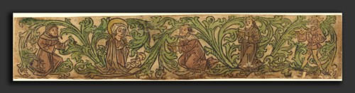 German 15th Century, The Adoration of the Magi Set in a Border, c. 1480, woodcut, hand-colored in
