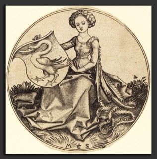 Martin Schongauer (German, c. 1450 - 1491), Shield with Swan, Held by Woman, c. 1480-1490,