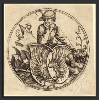 Martin Schongauer (German, c. 1450 - 1491), Shield with Wings, Held by Peasant, c. 1480-1490,