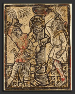 German 15th Century, The Flagellation, 1470-1480, metalcut, hand-colored in red and yellow