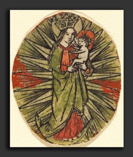 German 15th Century, Madonna and Child, c. 1450-1470, engraving, hand-colored in green and red