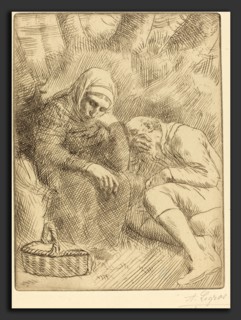 Alphonse Legros, Man and Wife Seated by the Road with a Basket(Homme et femme assis au bord de la