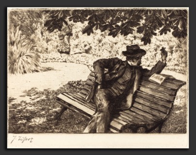 James Jacques Joseph Tissot (French, 1836 - 1902), Denoisel Reading in the Garden, 1882, etching on