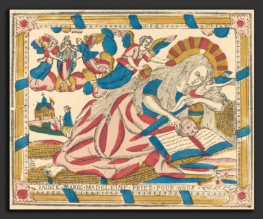 French 19th Century, Saint Mary Magdalene Pray for Us, c. 1820, hand-colored woodcut on laid paper