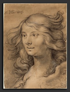 Hendrik Goltzius (Dutch, 1558 - 1617), Head of a Siren, 1609, black chalk with white heightening on