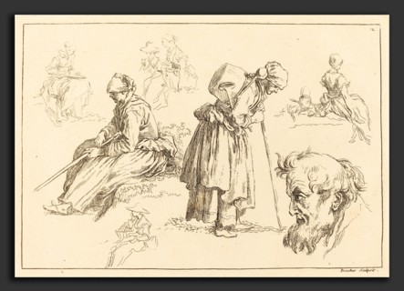 FranÃ§ois Boucher after Abraham Bloemaert (French, 1703 - 1770), Figure Studies including Woman