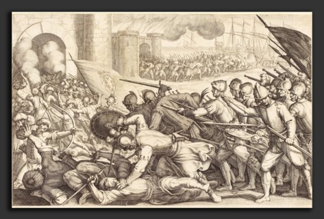 Jacques Callot (French, 1592 - 1635), The Troops Forcing the Gate of a Town, c. 1614, engraving